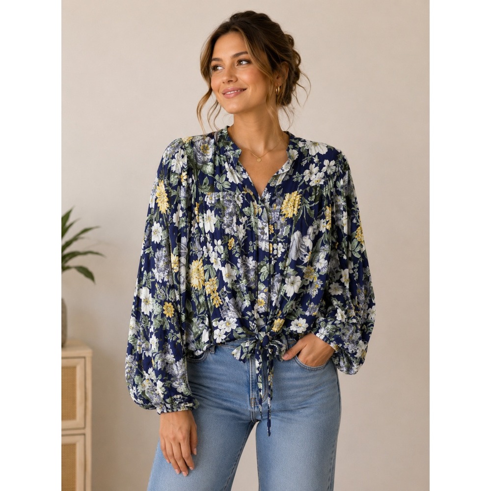 Rachel Roy Tie Front Blouse Womens Large Blue Floral Cropped Rayon Top‎ Smocked